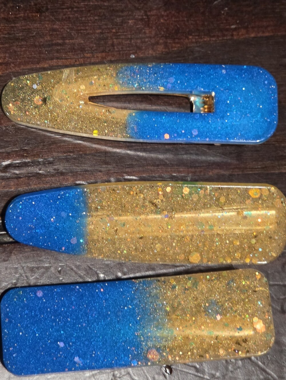 Hand Crafted Blue and Gold Glitter Hair Clips Set of 3